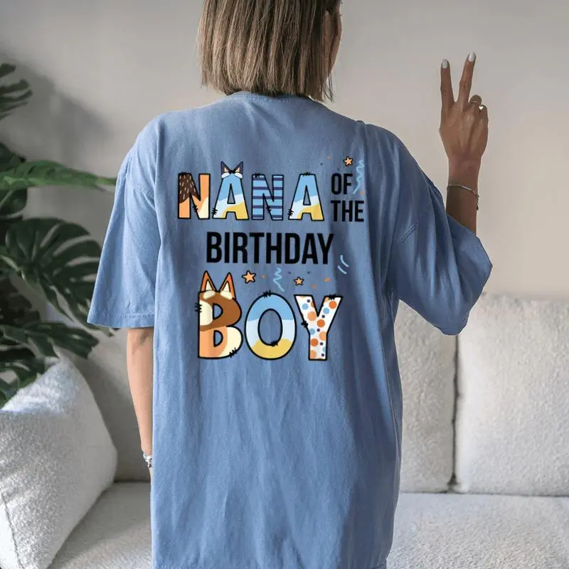 Nana Of The Birthday Boy Party Blue Dog Lover Matching Women's Oversized Comfort T-Shirt Back Print