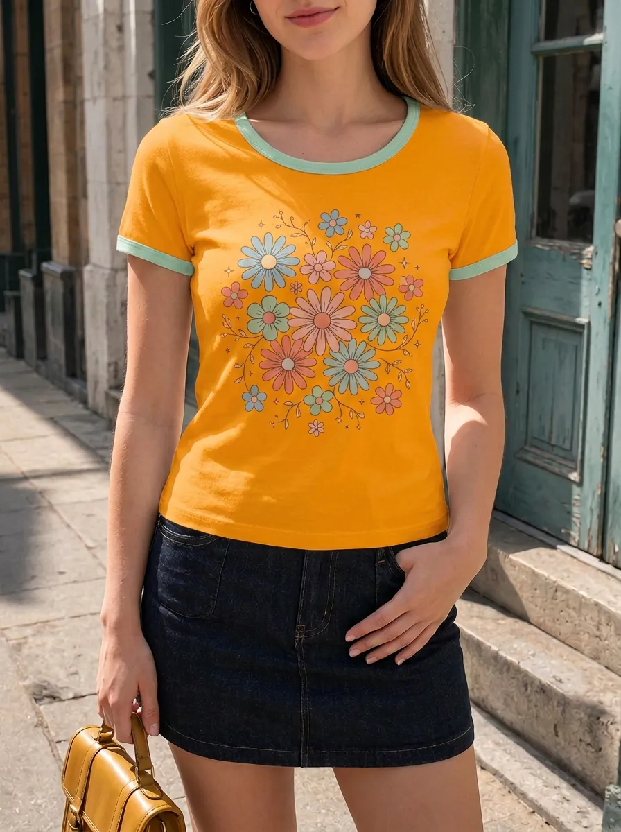Women's Retro Floral Aesthetic Pastel Daisy Printed Ringer T-shirt