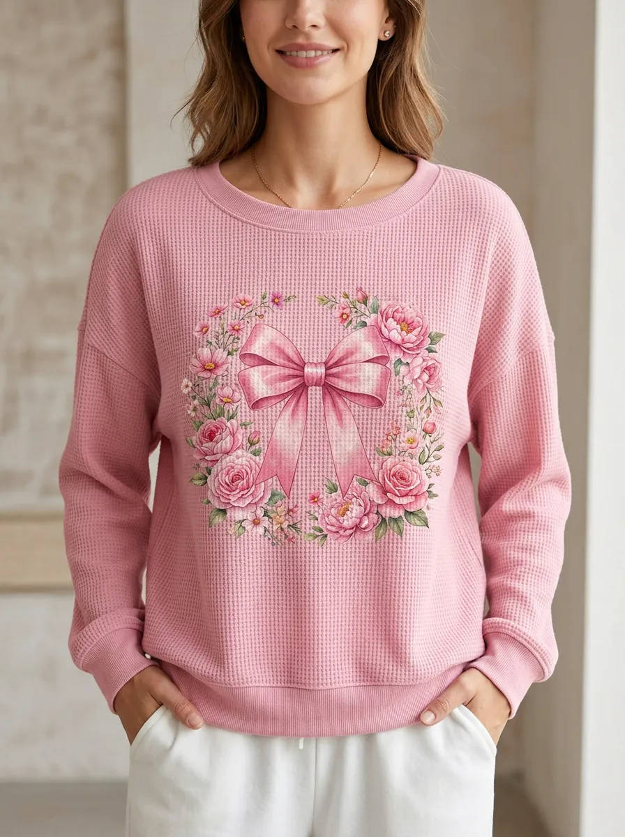 Bow Floral Wreath Botanical Women's Breast Cancer Awareness Waffle Sweatshirt