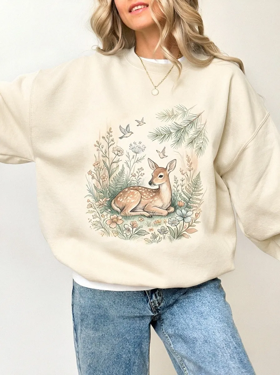 Women's Nature Lover Woodland Fawn Floral Printed Sweatshirt