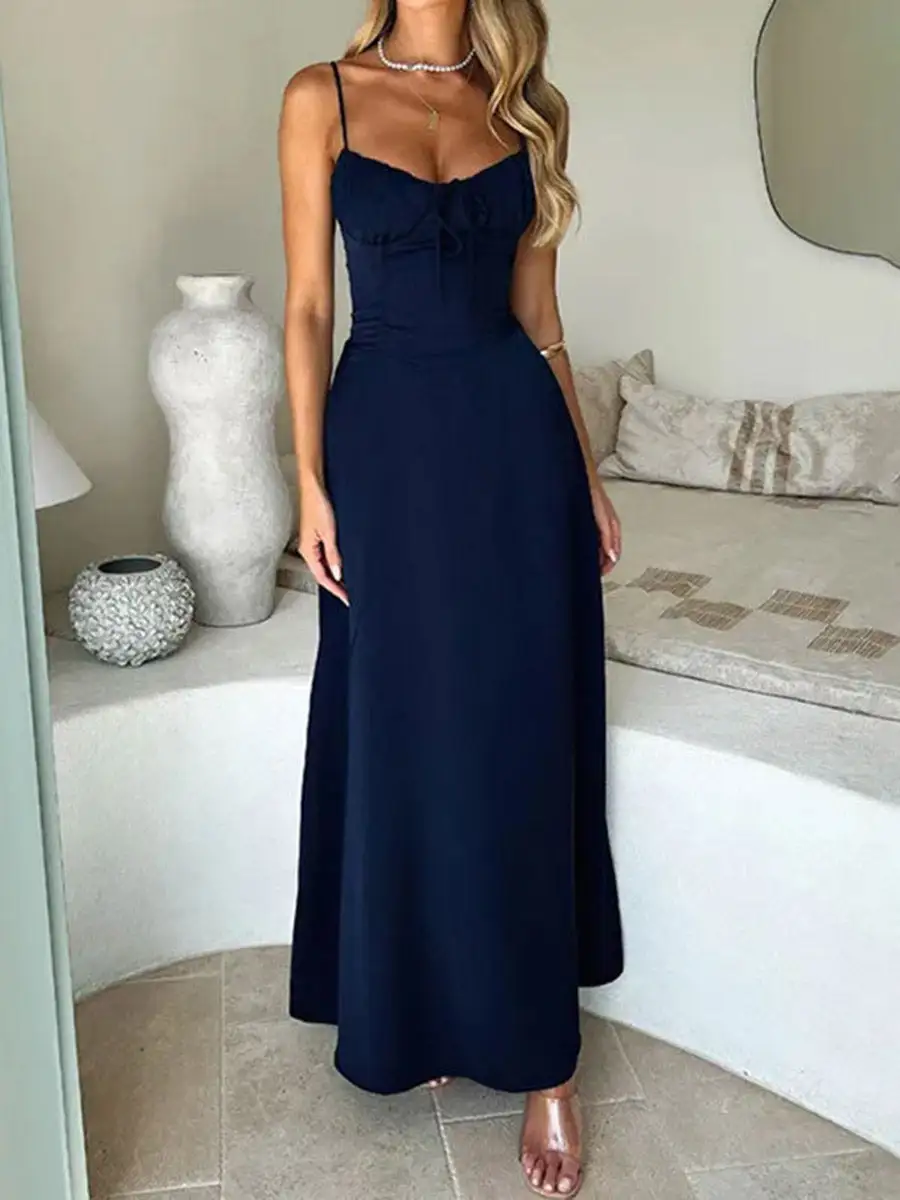 Drawstring Pleated Neck Maxi Dress