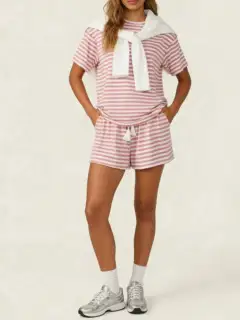 Refined Drawstring Pocketed Striped Tee and Shorts Matching Set
