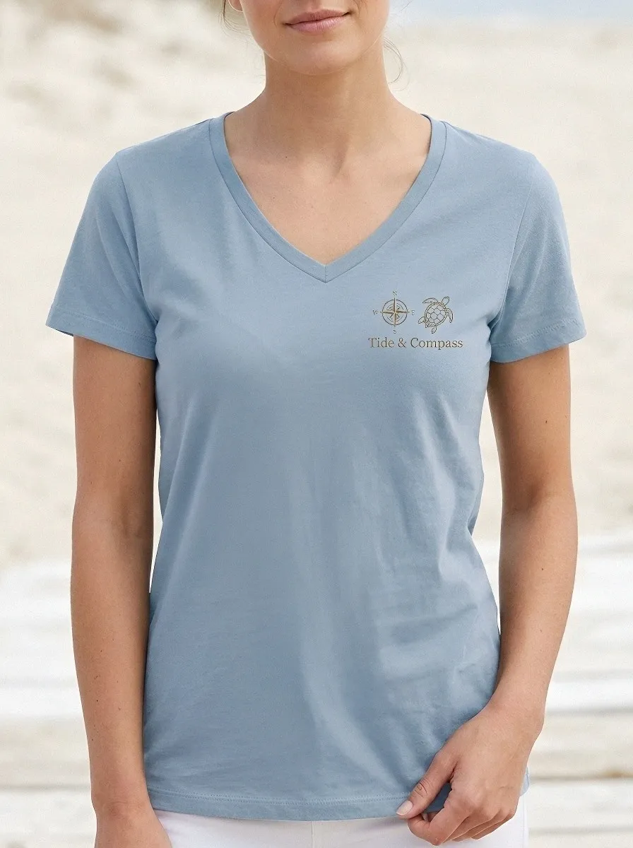 Women's Nautical Sea Turtle Compass Printed V-neck T-shirt