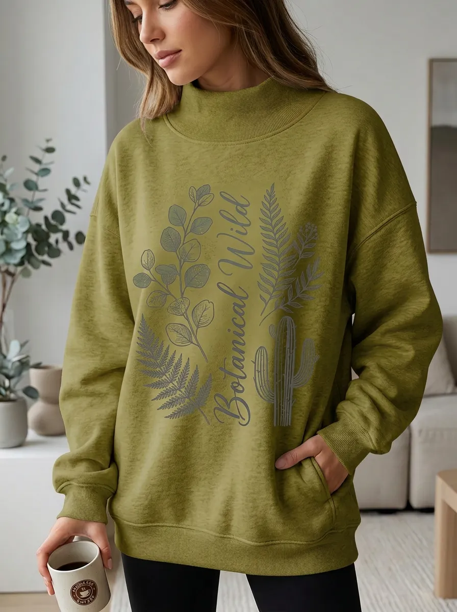 Botanical Wild Cactus Fern Mock Neck Sweatshirt