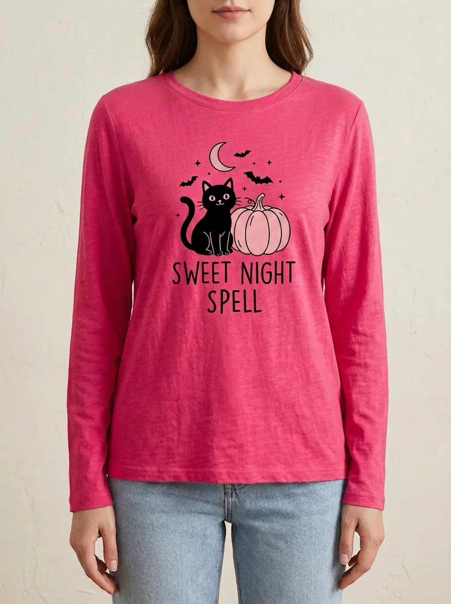 Pumpkin-Patch-Inspired Pumpkin -Cat Halloween Cotton Linen Long Sleeve Top