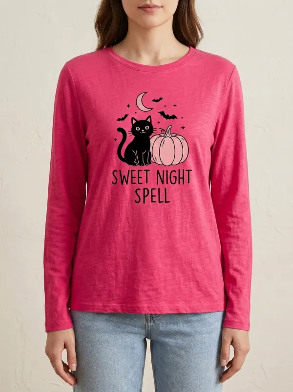 Pumpkin-Patch-Inspired Pumpkin -Cat Halloween Cotton Linen Long Sleeve Top