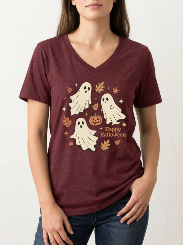 Women's Halloween Ghost Pumpkin Leaves Printed V-neck T-shirt