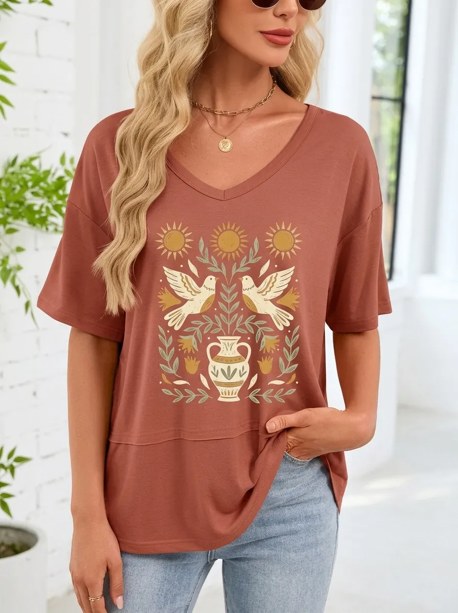 Women's Boho Sun Bird Vase Floral Printed V-Neck T-Shirt