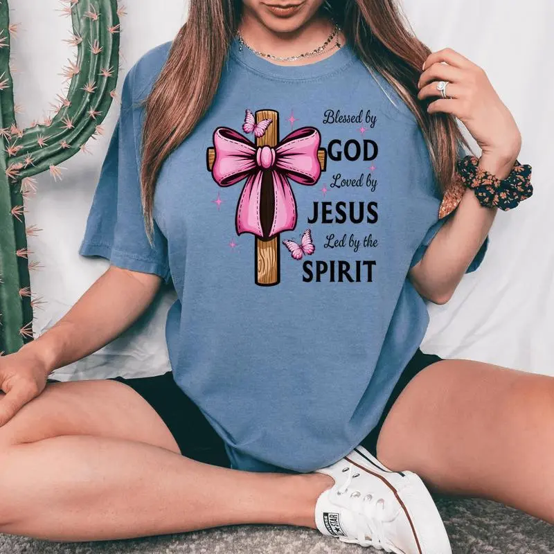Blessed By God Loved By Jesus Pink Coquette Bow And Cross Women's Oversized Comfort T-shirt