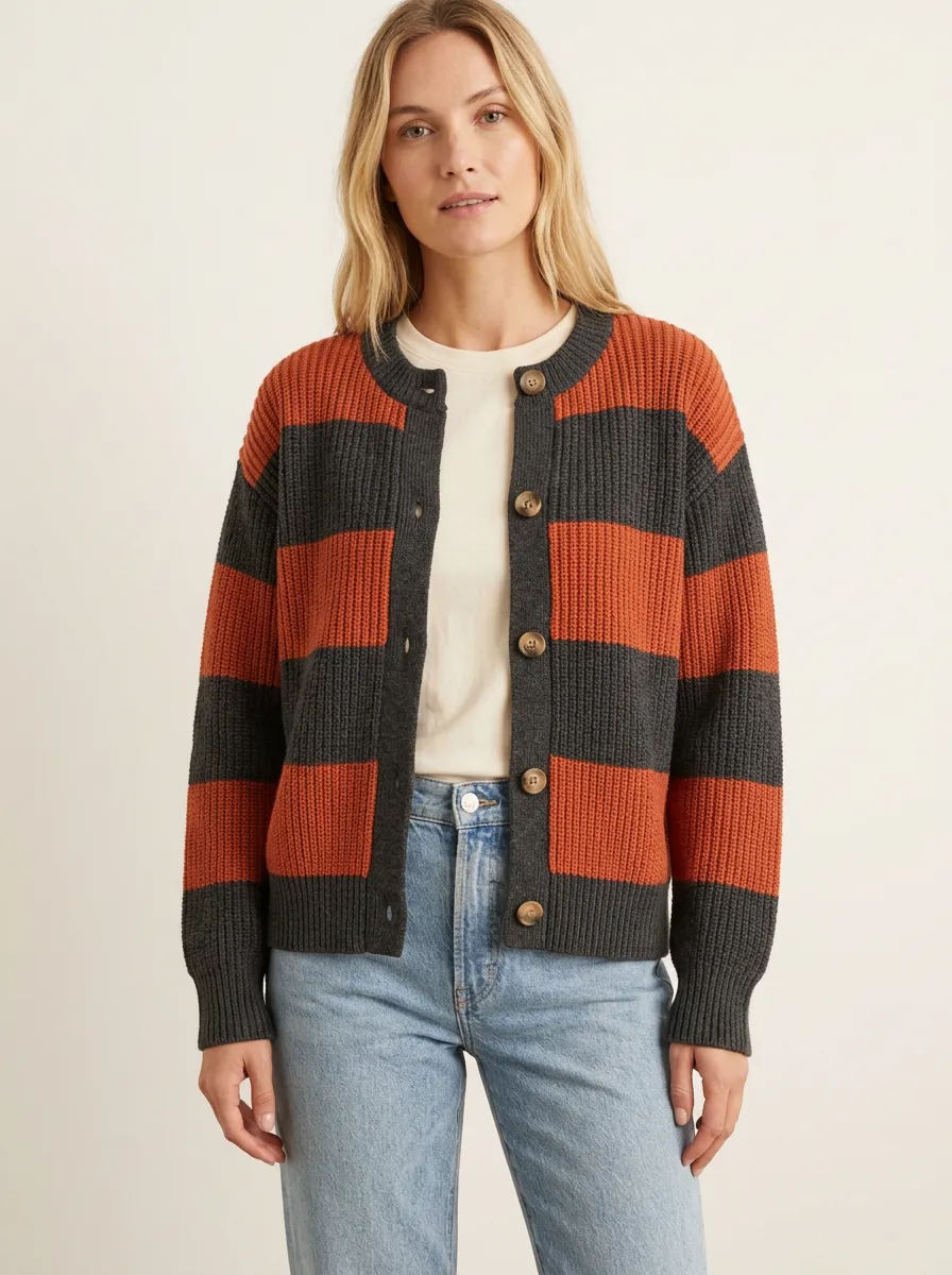 Relaxed Striped Distinctive Rugby Striped Knit Cardigan