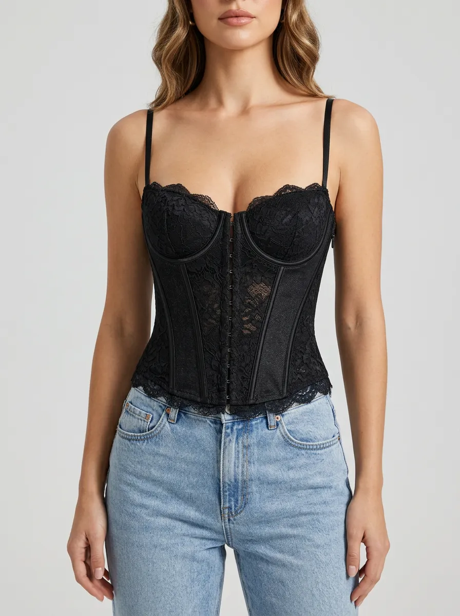 Floral-Lace Lace-Trim Hook-and-Eye Women's Corset Top