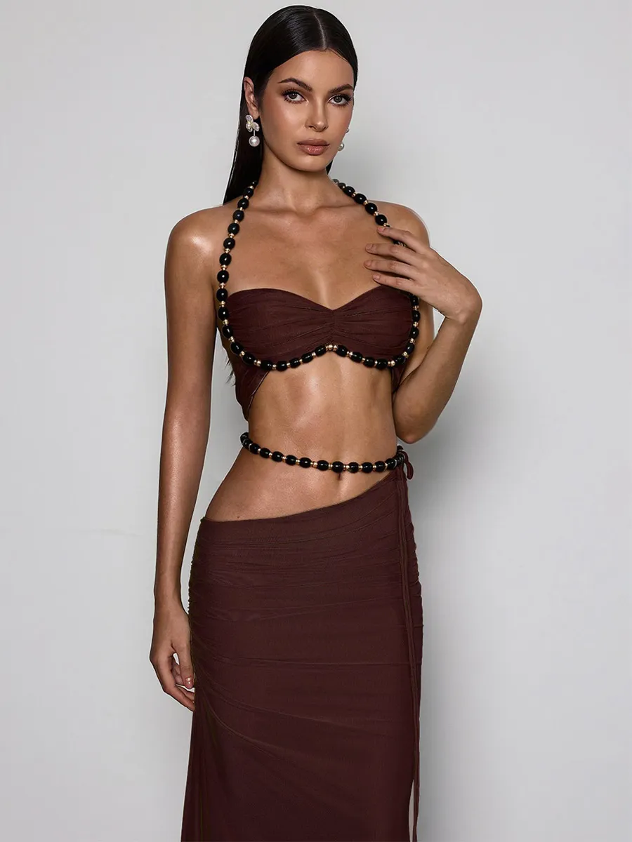 Zuri Halterneck Ruched Skirt Set In Coffee