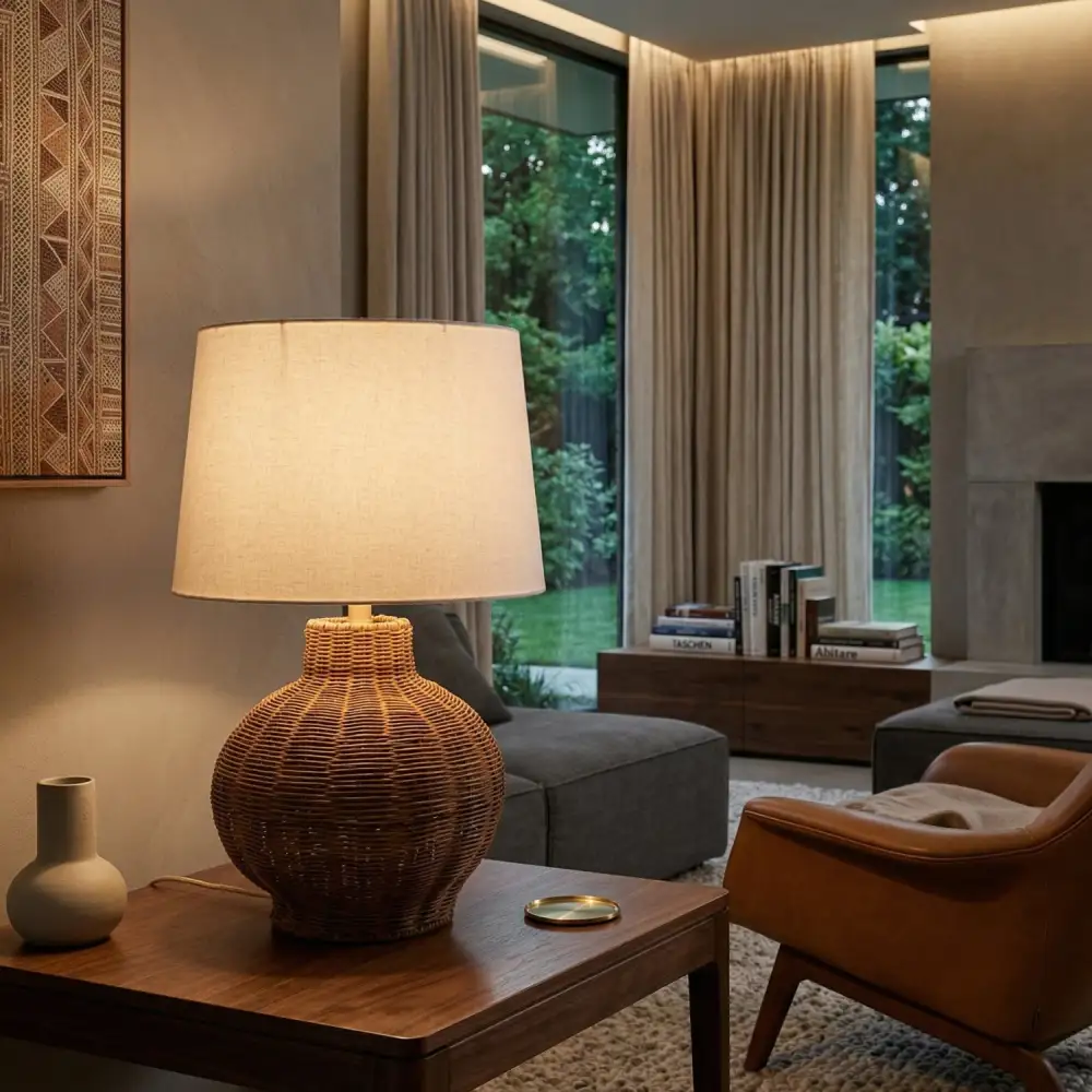Modern Metal Rattan Linen Table Lamp