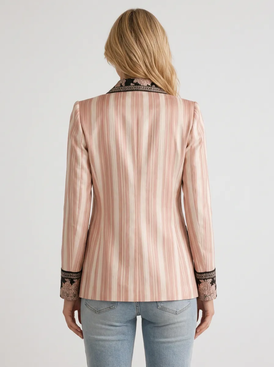 Women's Floral Lapel Striped Pattern Printed Blazer
