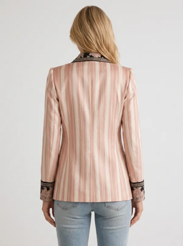 Women's Floral Lapel Striped Pattern Printed Blazer