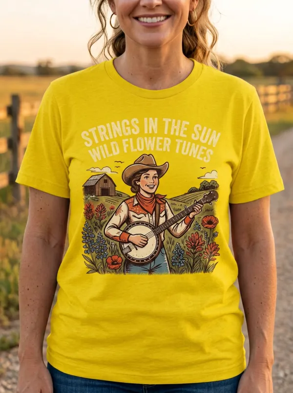 Acoustic Country Music Banjo Wildflower Crew Neck T-Shirt