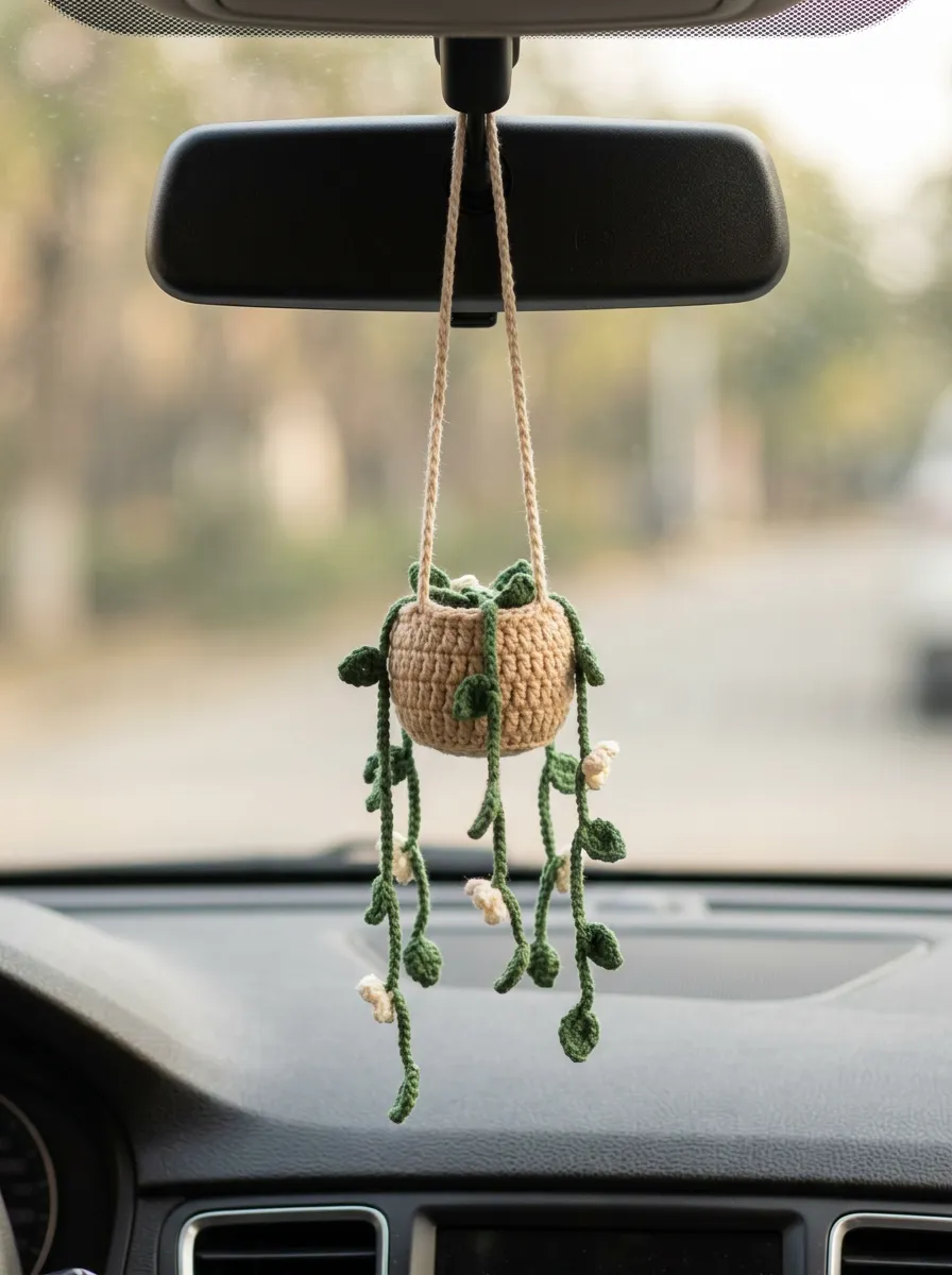 Refined Crochet Plant Rearview Mirror Hanging Ornament