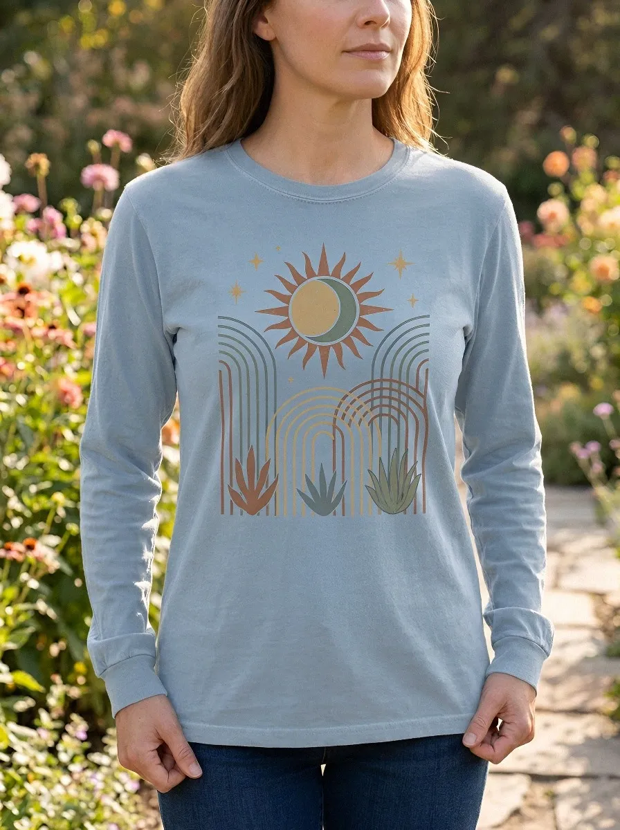 Women's Boho Celestial Sun Rainbow Printed Long Sleeve T-shirt