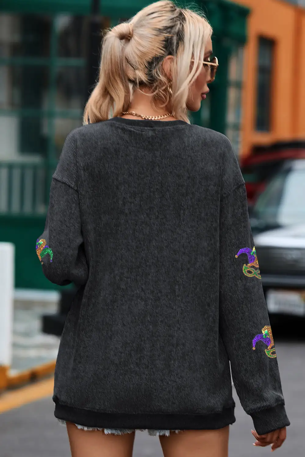 Carnival Sequined Fleur De Lis Pattern Corded Sweatshirt