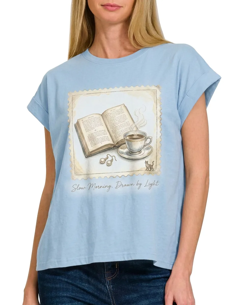 Women's Book Coffee Lover Stamp Art Printed T-shirt