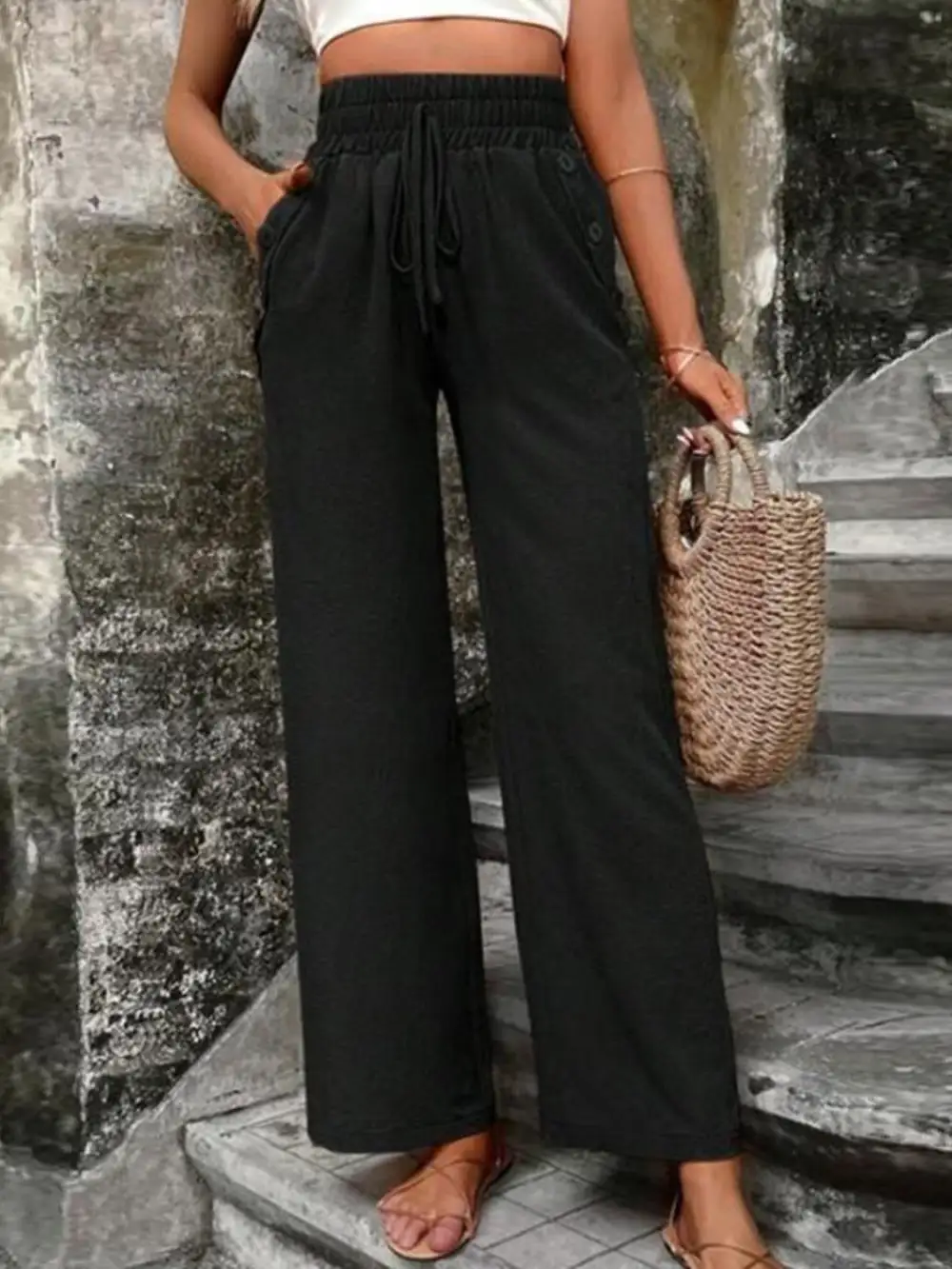 Tied High Waist Wide Leg Pants With Pocket