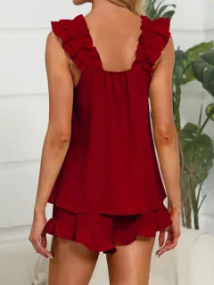 Refined Drawstring Ruffled Top and Shorts Matching Set