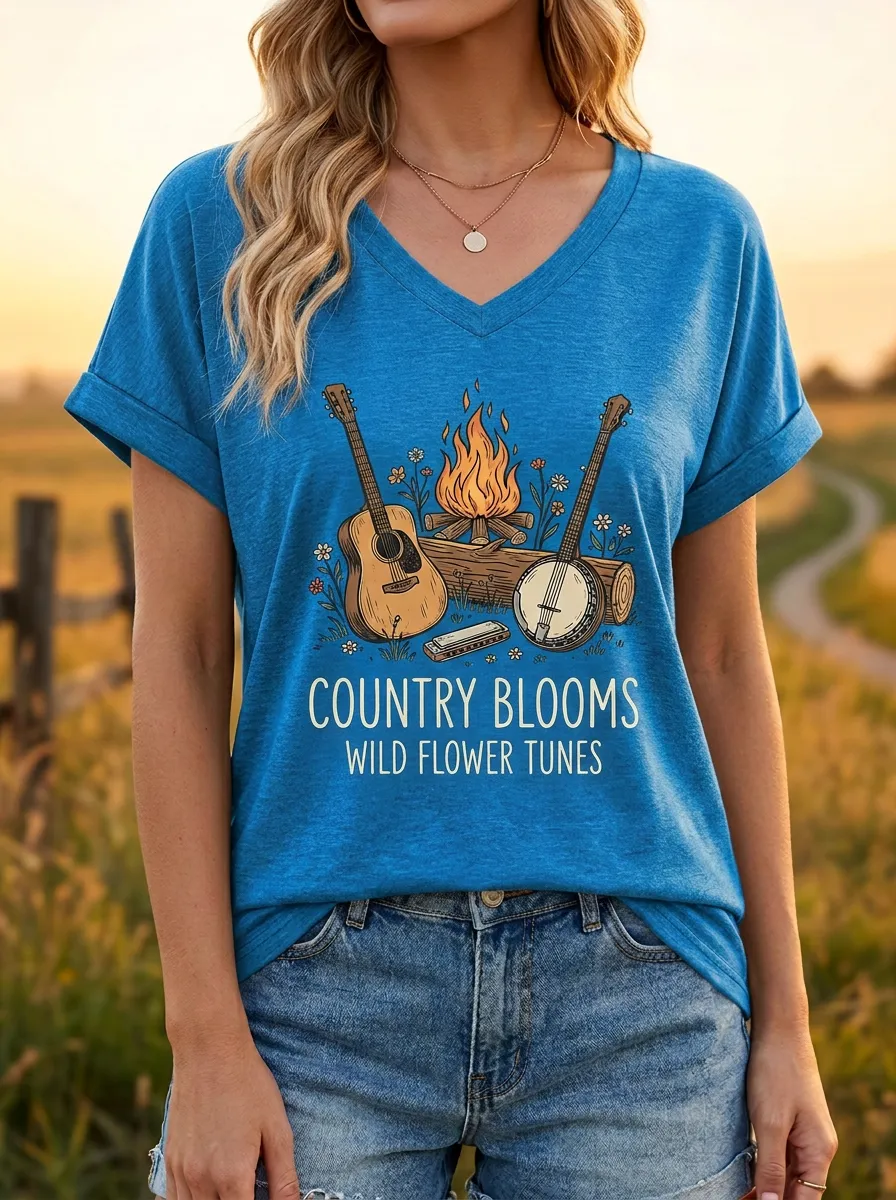 Country Music Guitar Banjo Bonfire V-Neck T-Shirt
