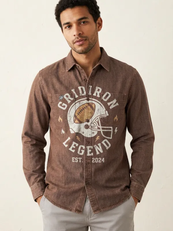 Men's Football Lover Gridiron Legend Helmet Printed Denim Shirt