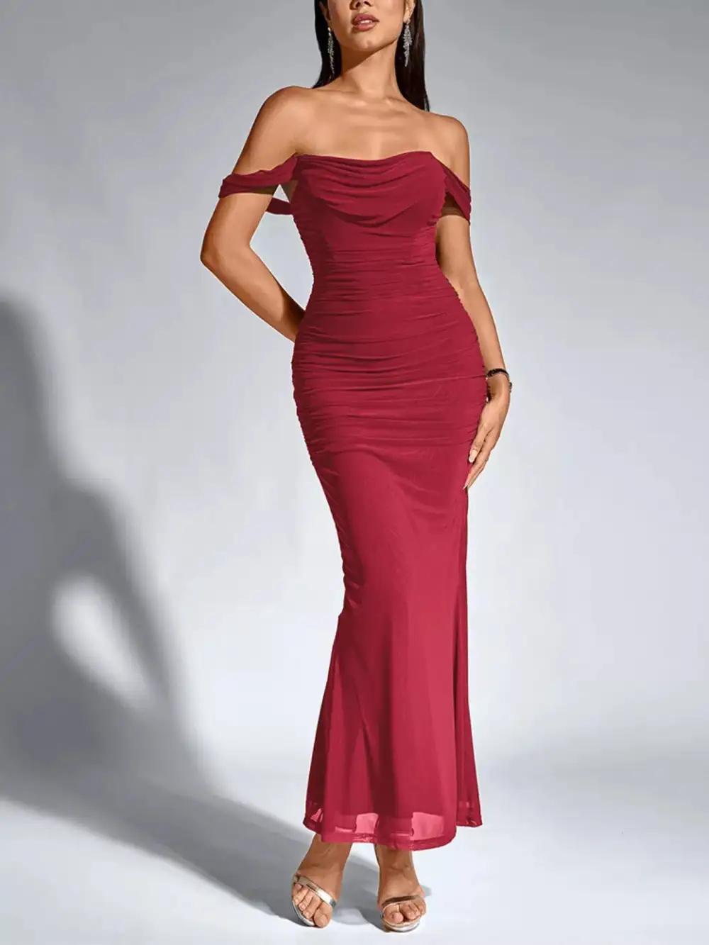 Relaxed Off Shoulder Ruched Mermaid Maxi Dress