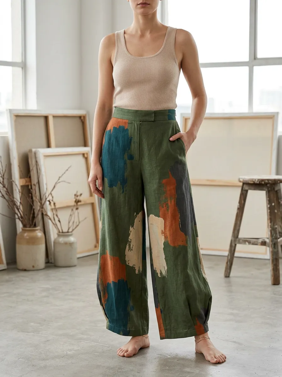 Women's Abstract Art Lover Multi-color Brushstroke Printed Wide Leg Pants