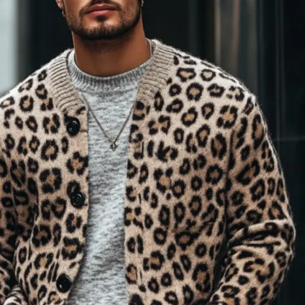 Ribbed Button Leopard Print Cardigan