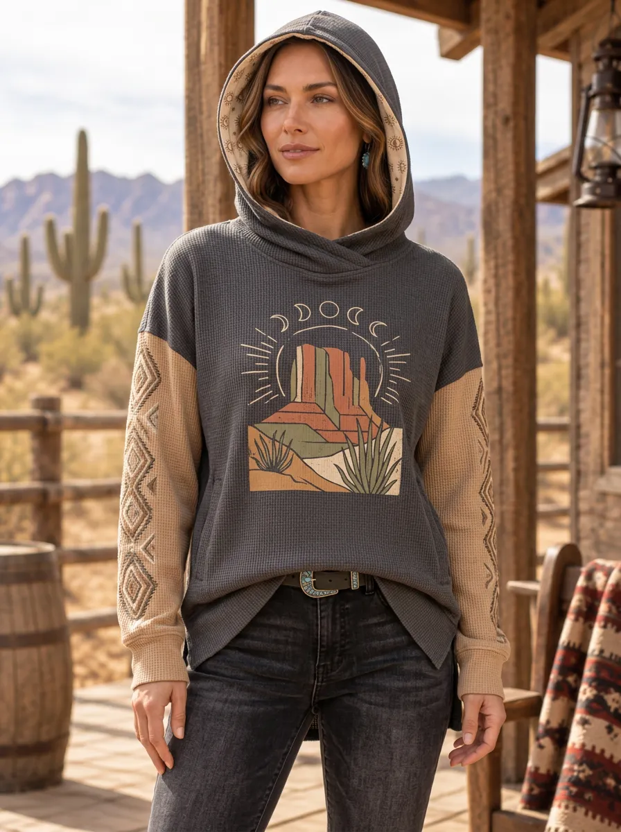Women's Western Desert Moon Cactus Printed Waffle Hoodie