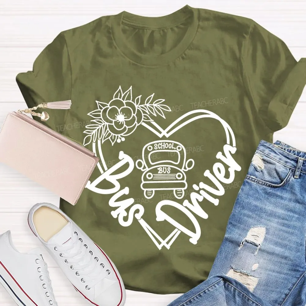School Bus Driver Flower Heart And School Bus T-Shirt