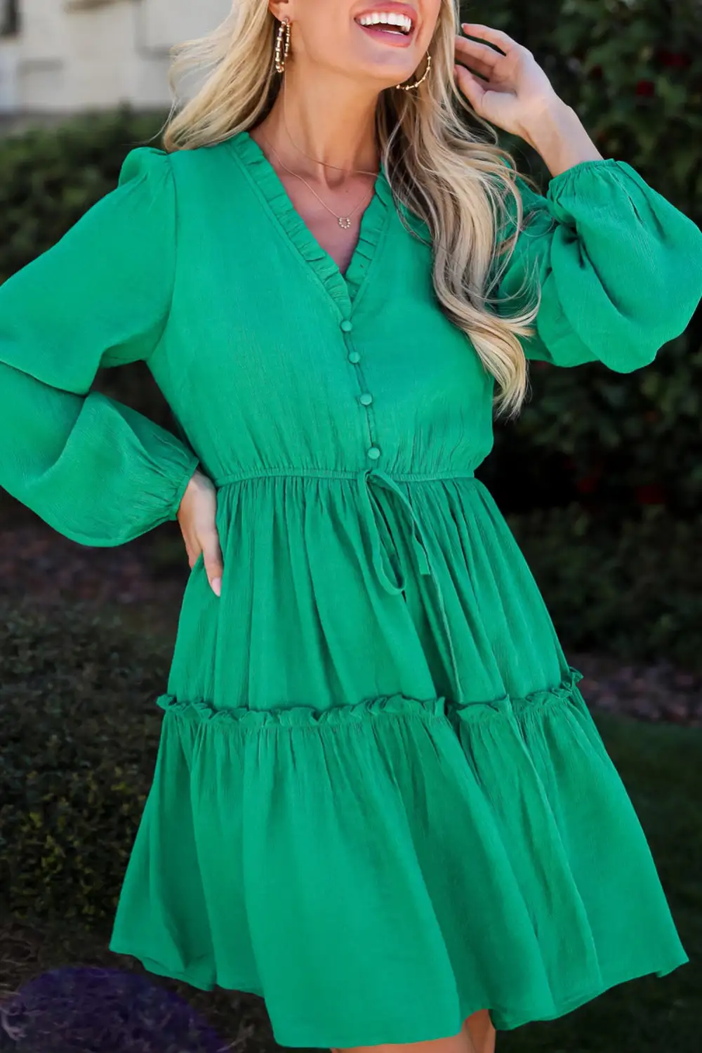 Drawstring V-Neck Puff Sleeve Mini Dress