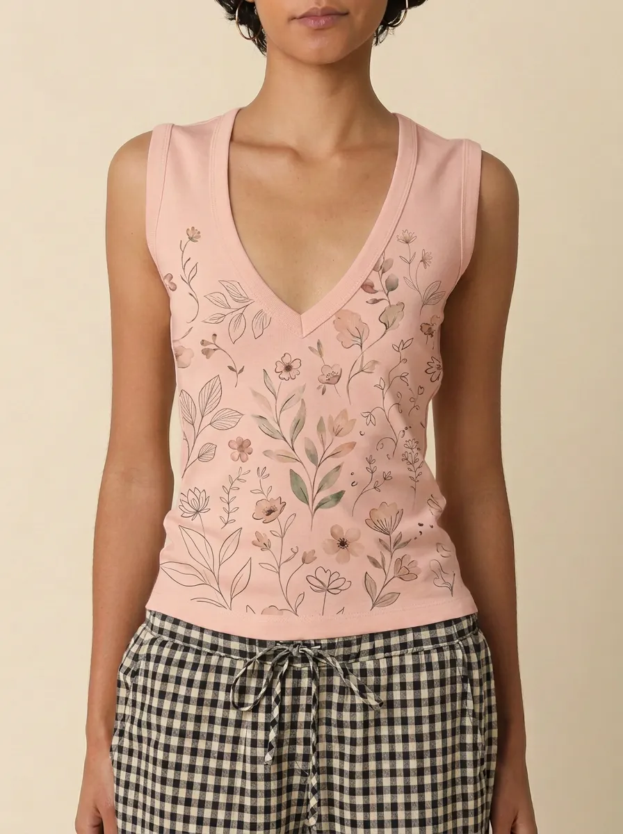 Women's Botanical Floral Art Printed V-Neck Tank Top