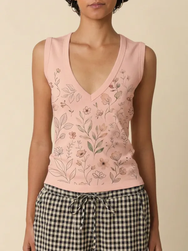 Women's Botanical Floral Art Printed V-Neck Tank Top