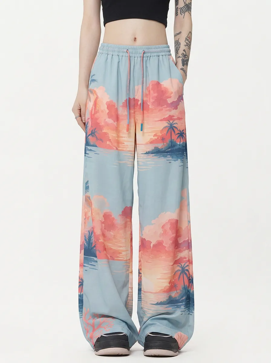 Women's Tropical Beach Sunset Palm Tree Printed Wide Leg Pants