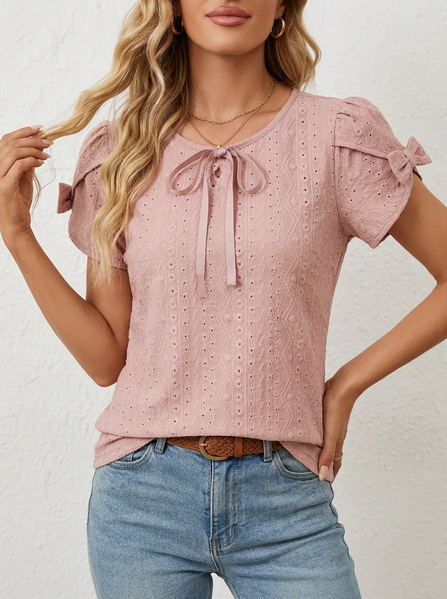 Women's Pink Bow Tie Eyelet Embroidered Short Sleeve Top