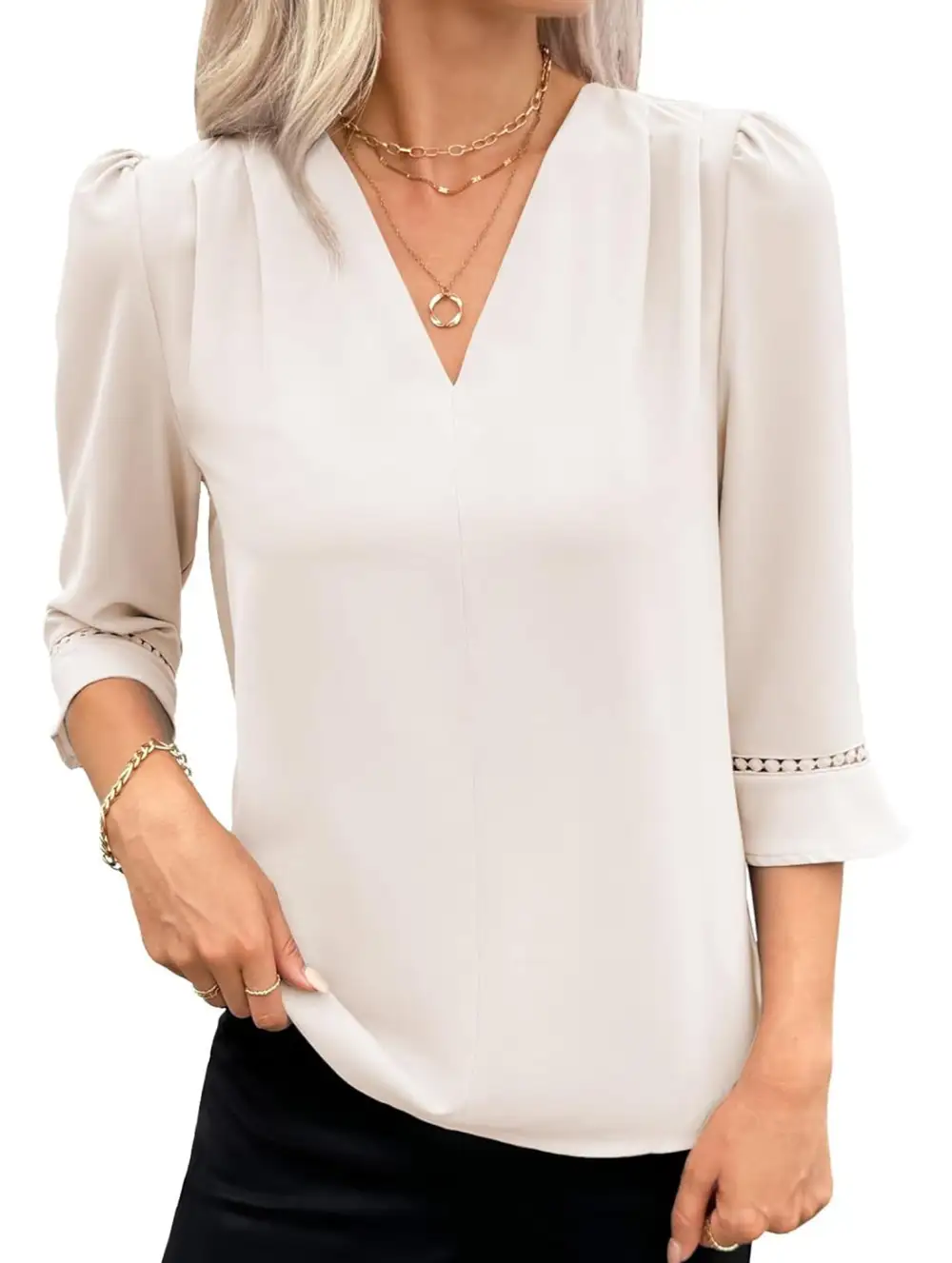 V Neck Office Three Quarter Sleeve Blouse