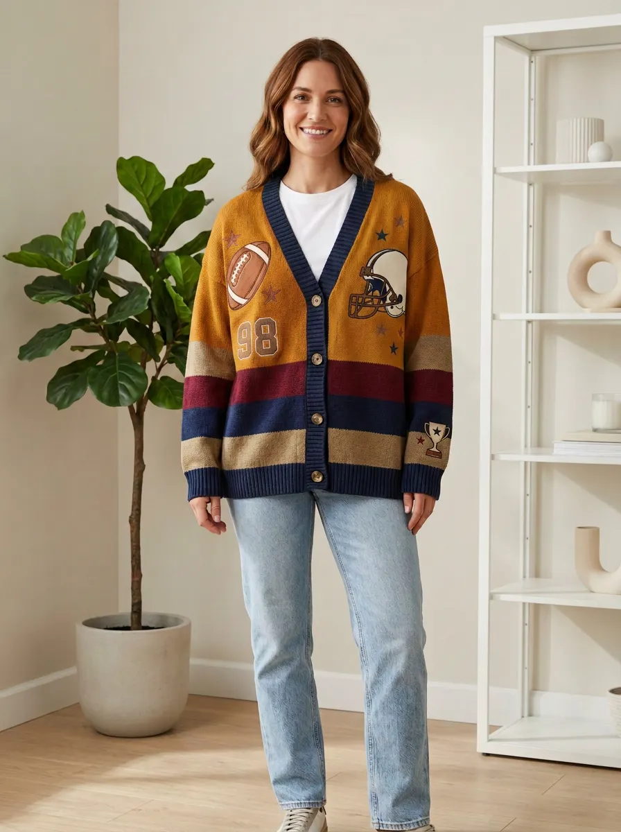 Women's Sport Inspired Gridiron Helmet Ball Knit Cardigan