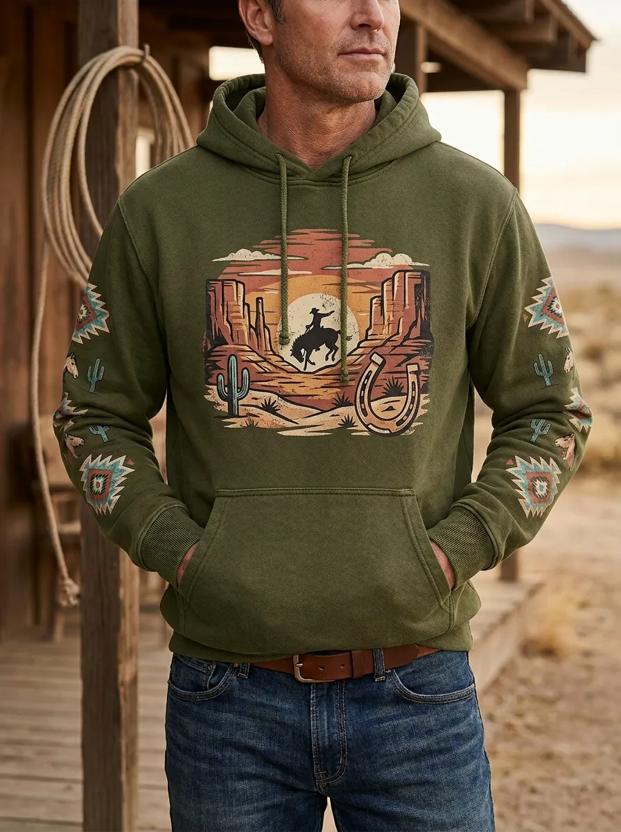 Men's Western Cowboy Horseshoe Horse Sunset Sun Graphic Hoodie