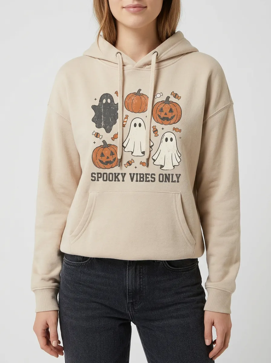 Women's Halloween Spooky Vibes Ghost Pumpkin Printed Hoodie