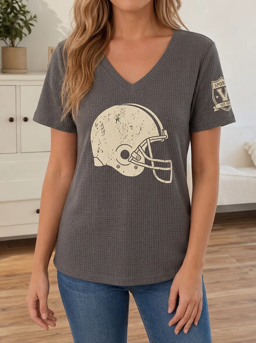 Women's Gridiron Football Fan Distressed Helmet Printed Waffle Top