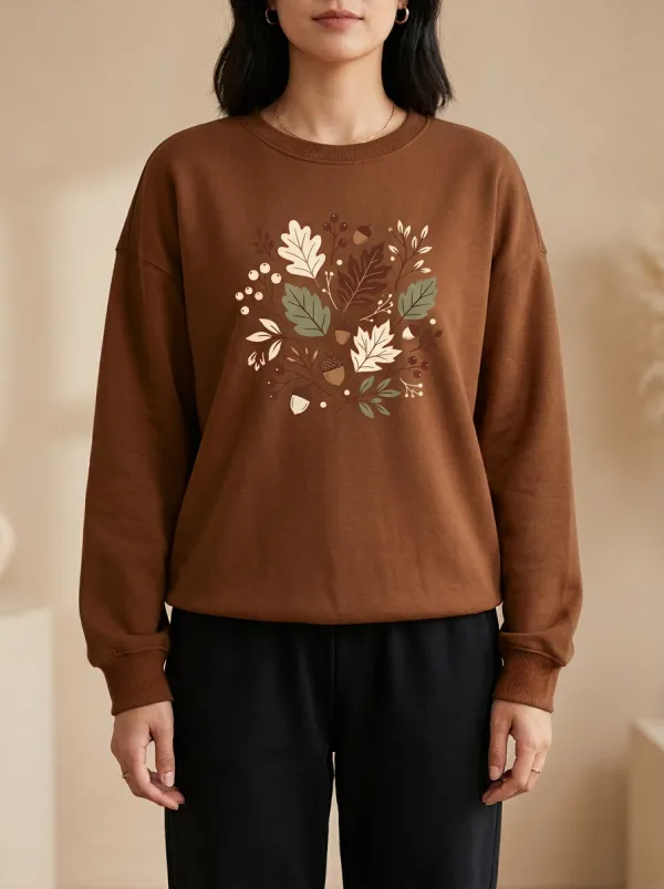 Relaxed Printed Acorn Leaf-Motif Graphic Sweatshirt