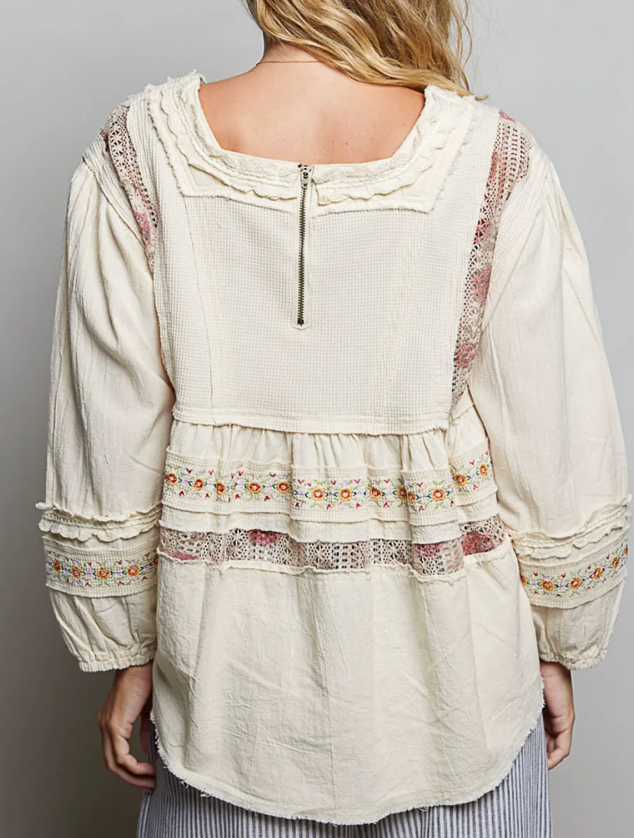 Romantic Lace Trim Tiered Square Neck Blouse