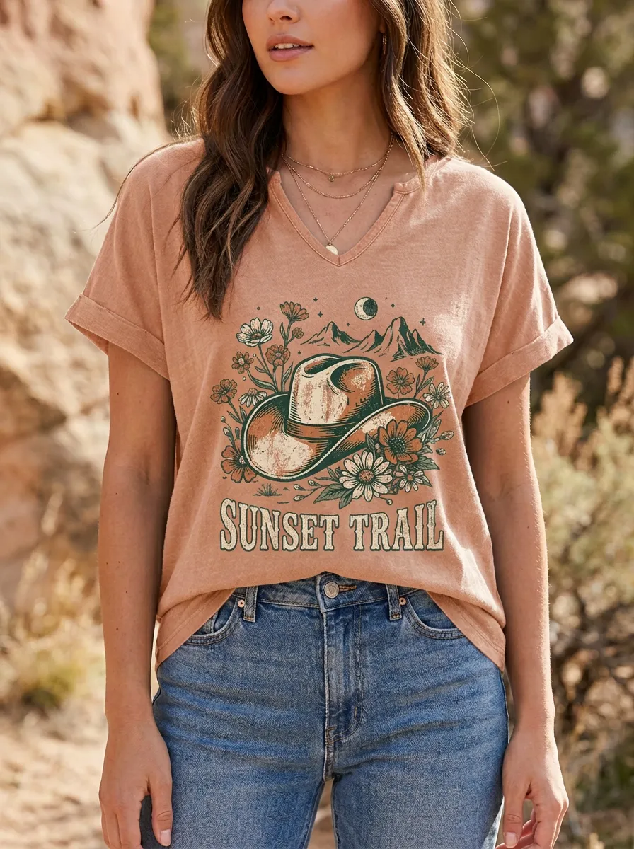 Women's Western Sunset Trail Cowboy Hat Floral Printed V-Neck T-Shirt