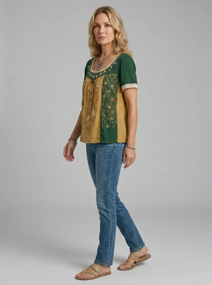 Women's Floral Bohemian Star Embroidered Printed Short Sleeve T-shirt