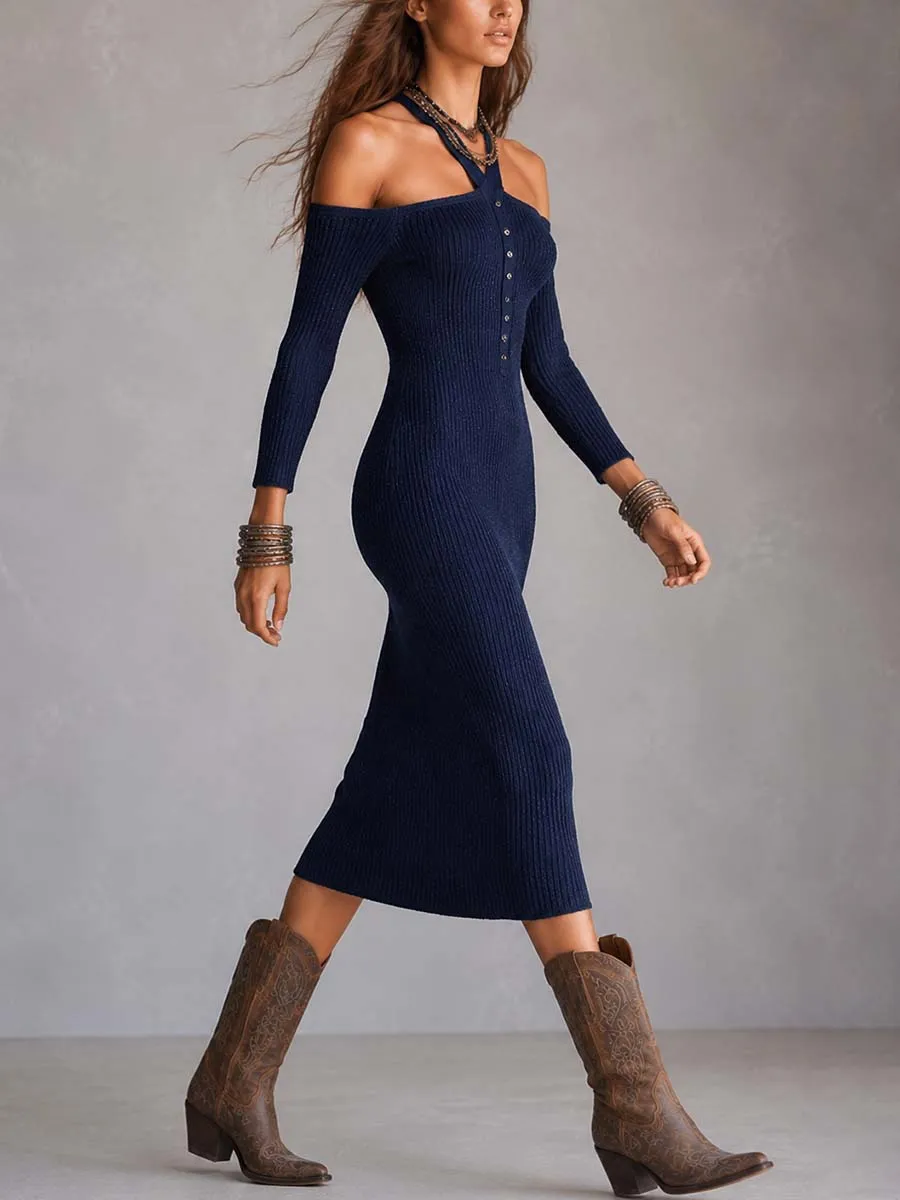 Boho Dark Blue Ribbed Knit Cold Shoulder Long Sleeve Slit Midi Dress