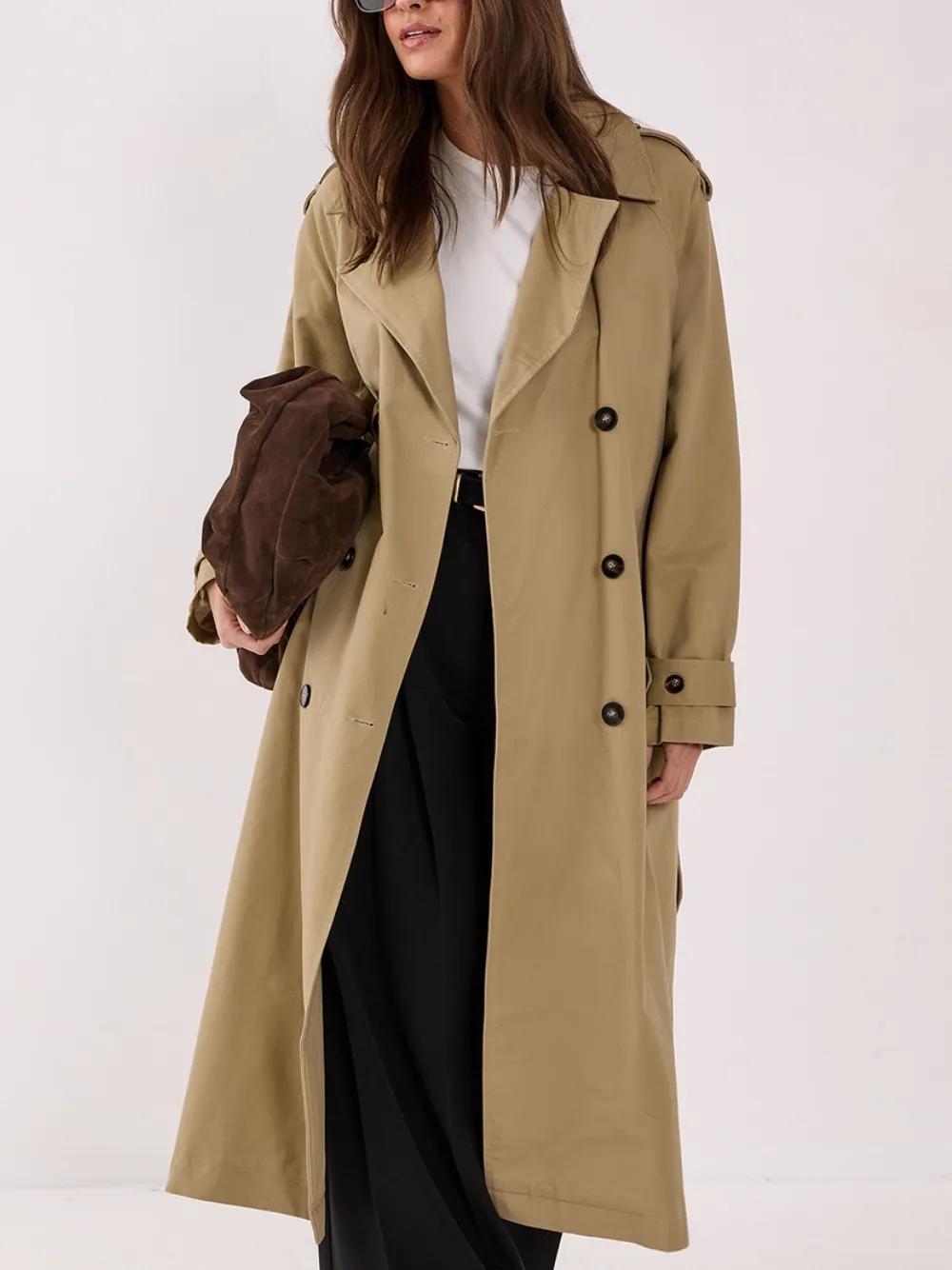 Women's Khaki Double-Breasted Long Trench Coat