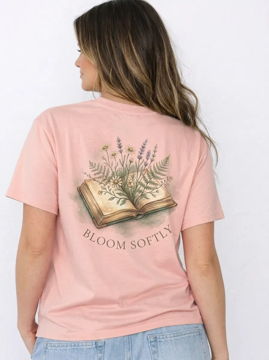 Women's Book Lover Floral Bloom Softly Printed T-shirt
